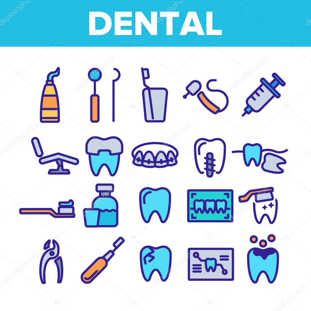 Dental Services, Stomatology Linear Vector Icons Set. Dentistry Clinic Thin Line Symbols Pack. Dentist Equipment Pictograms. Oral Cavity Treatment, Teeth Cure. Orthodontics Tools Outline Illustrations