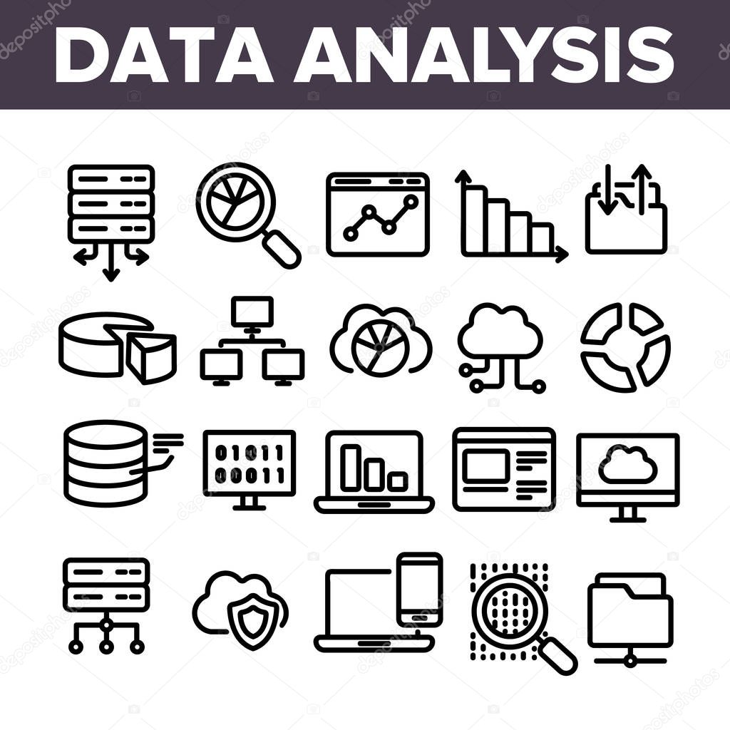 Data Analysis, Web Storage Linear Vector Icons Set. Data Science Thin Line Contour Symbols. Server, Database, Cloud Computing. Diagrams, Statistics, Schemes. Information Analytics Illustrations