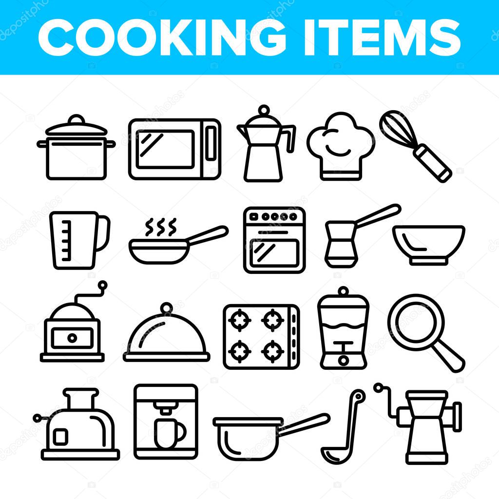 Cooking Items Vector Thin Line Icons Set. Cooking Accessories Linear Illustrations. Kitchen Equipment, Electronics Contour Symbols. Cookware, Saucepans, Bowl, Coffee Making Machines Pictograms