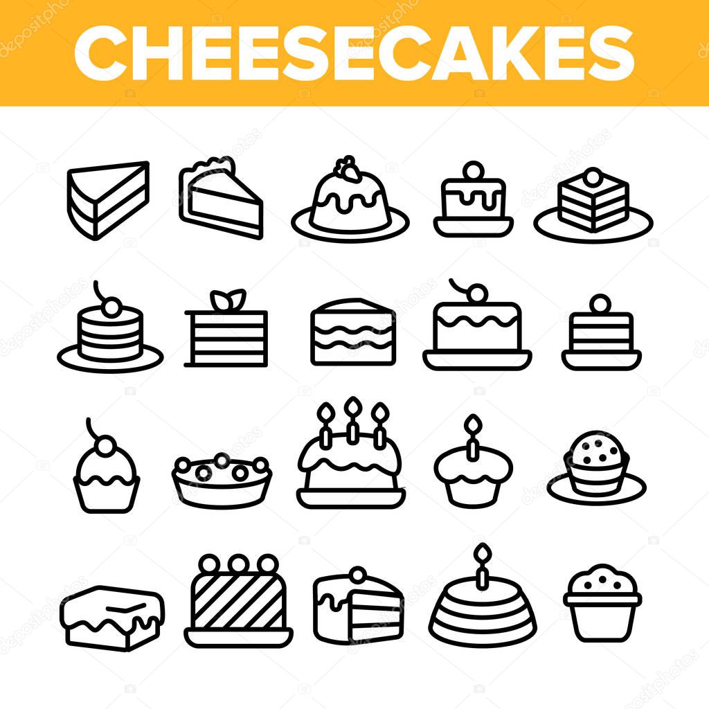 Sweet Cheesecakes, Bakery Linear Vector Icons Set. Pastry Thin Line Contour Symbols Pack. Birthday Party Cakes, Biscuits, Pies. Dessert Cookies. Confectionery Outline Illustrations Collection