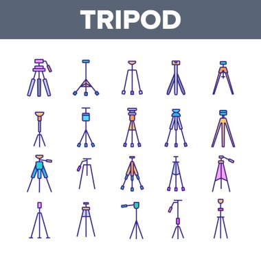 Tripod, Kameraman Ekipmanları Vektör Lineer Simgeler Seti