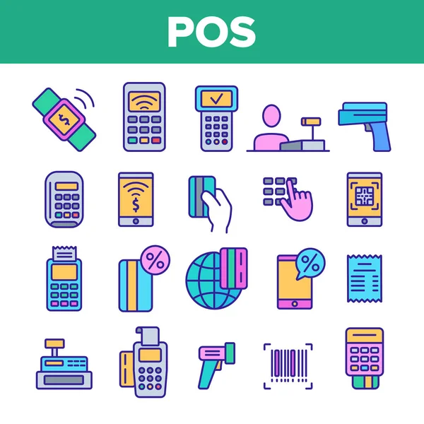 Terminal de POS, conjunto de ícones lineares de vetor de pagamento móvel — Vetor de Stock