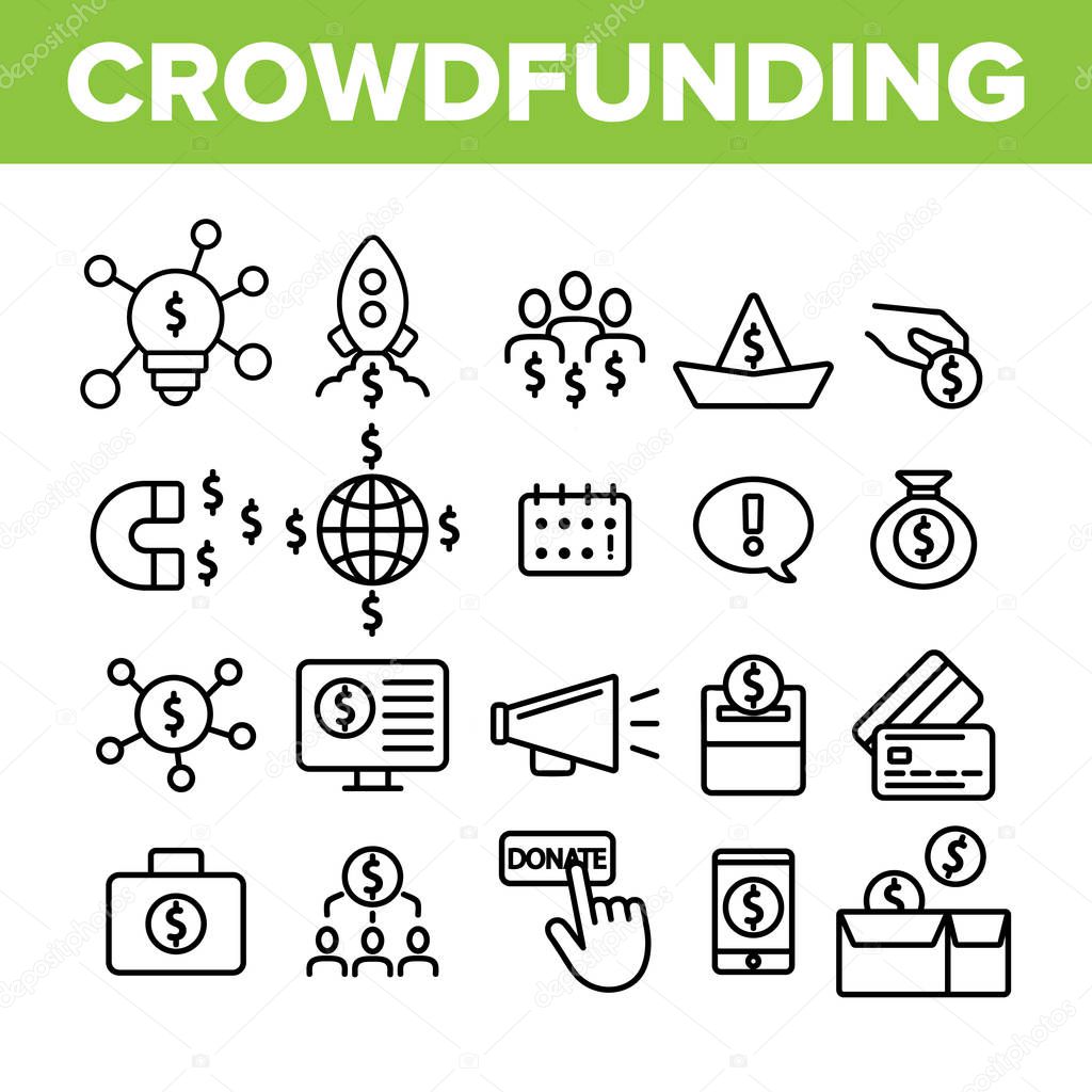 Crowdfunding, Collective Investment Vector Linear Icons Set