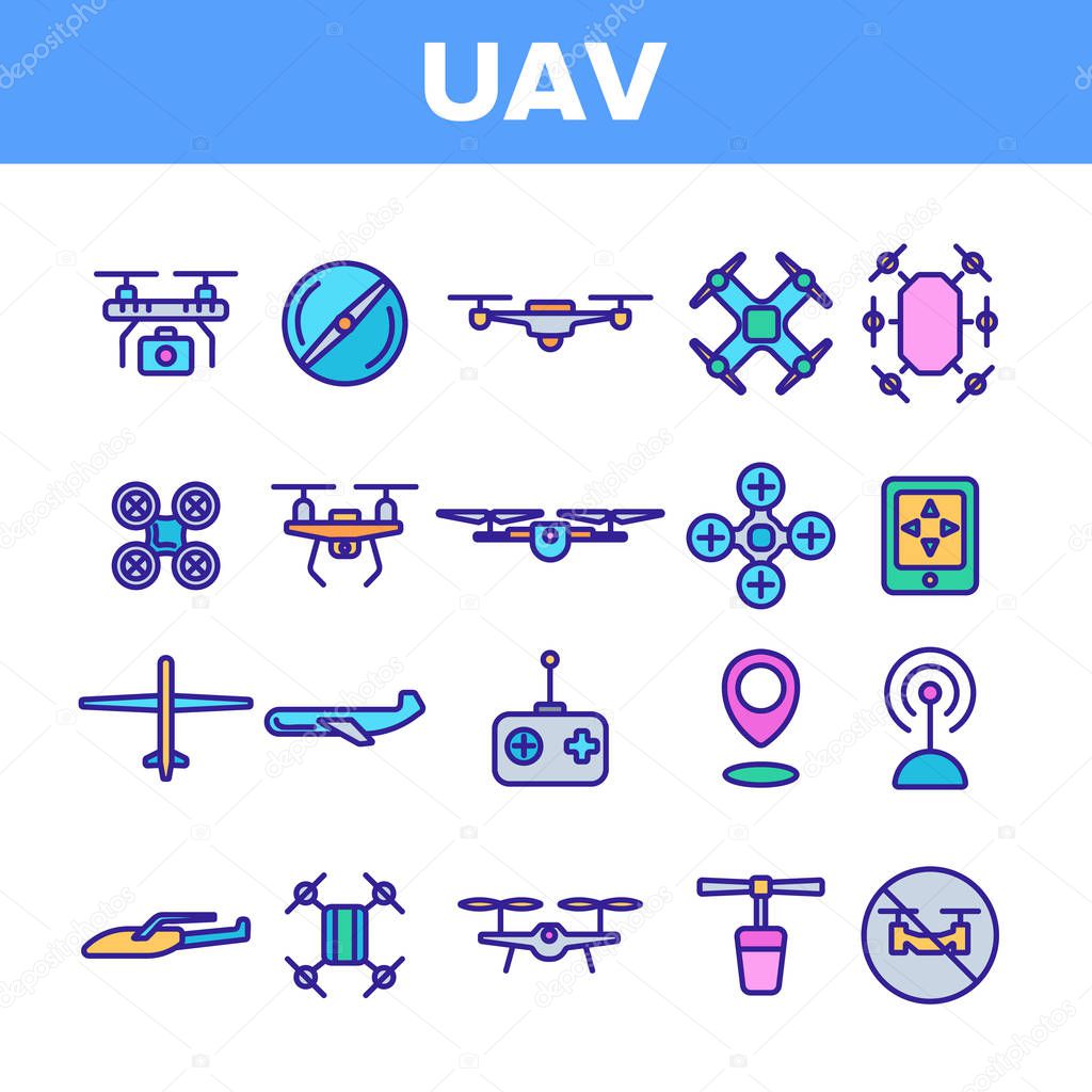 UAV, Remote Control Drones Vector Linear Icons Set