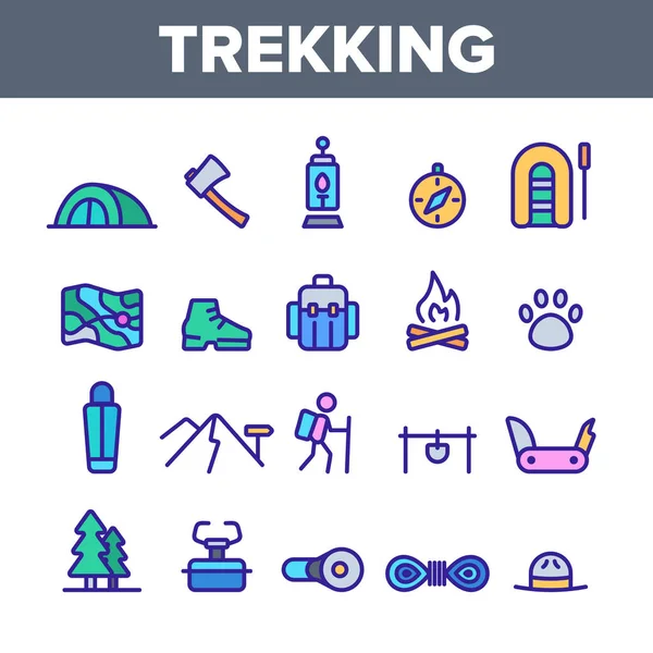 Trekking, Conjunto de ícones lineares de vetor de viagem de mochila — Vetor de Stock