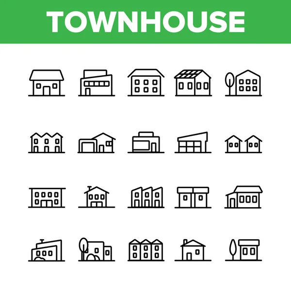Townhouses, residentiële gebouwen vector lineaire iconen set — Stockvector