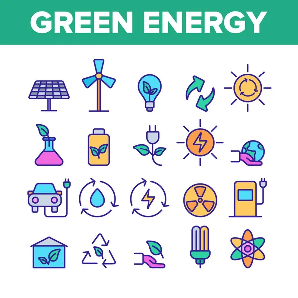 Zielone źródła energii wektor liniowe ikony zestaw — Wektor stockowy