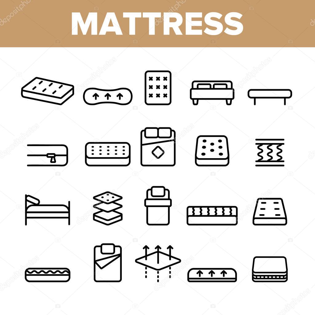 Mattress Types And Material Vector Linear Icons Set. Orthopedic And Antiallergic Comfortable Mattress Outline Symbols Pack. Bio And Organic Breathable Bedding Isolated Contour Illustration
