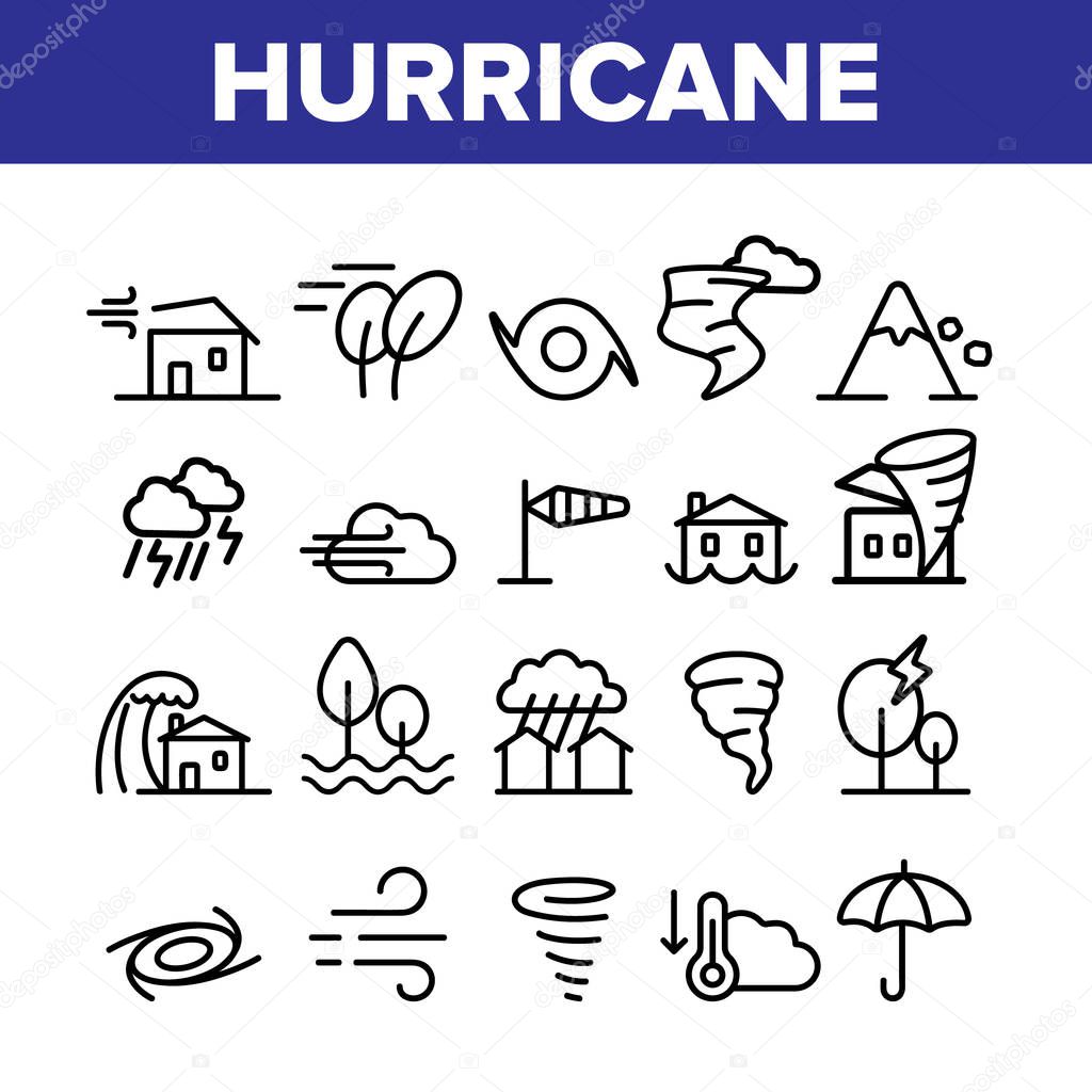 Hurricane Natural Disaster Vector Linear Icons Set. Hurricane, Wind And Tornado Outline Symbols Pack. Mountain Avalanche, Flood And Lightning Isolated Contour Illustrations. Severe Weather Condition
