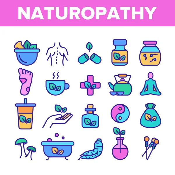 Naturopatía Terapia Vector Color Línea Iconos Set — Vector de stock