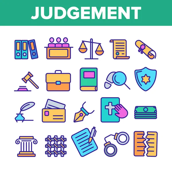 Judgement, Court Process Vector Color Line Icons Set — Stock Vector