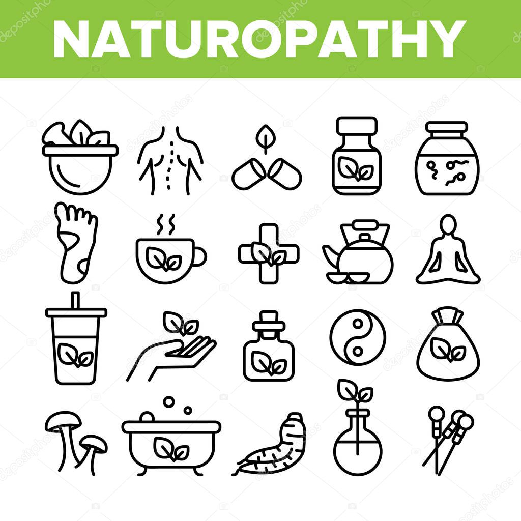 Naturopathy Therapy Vector Thin Line Icons Set