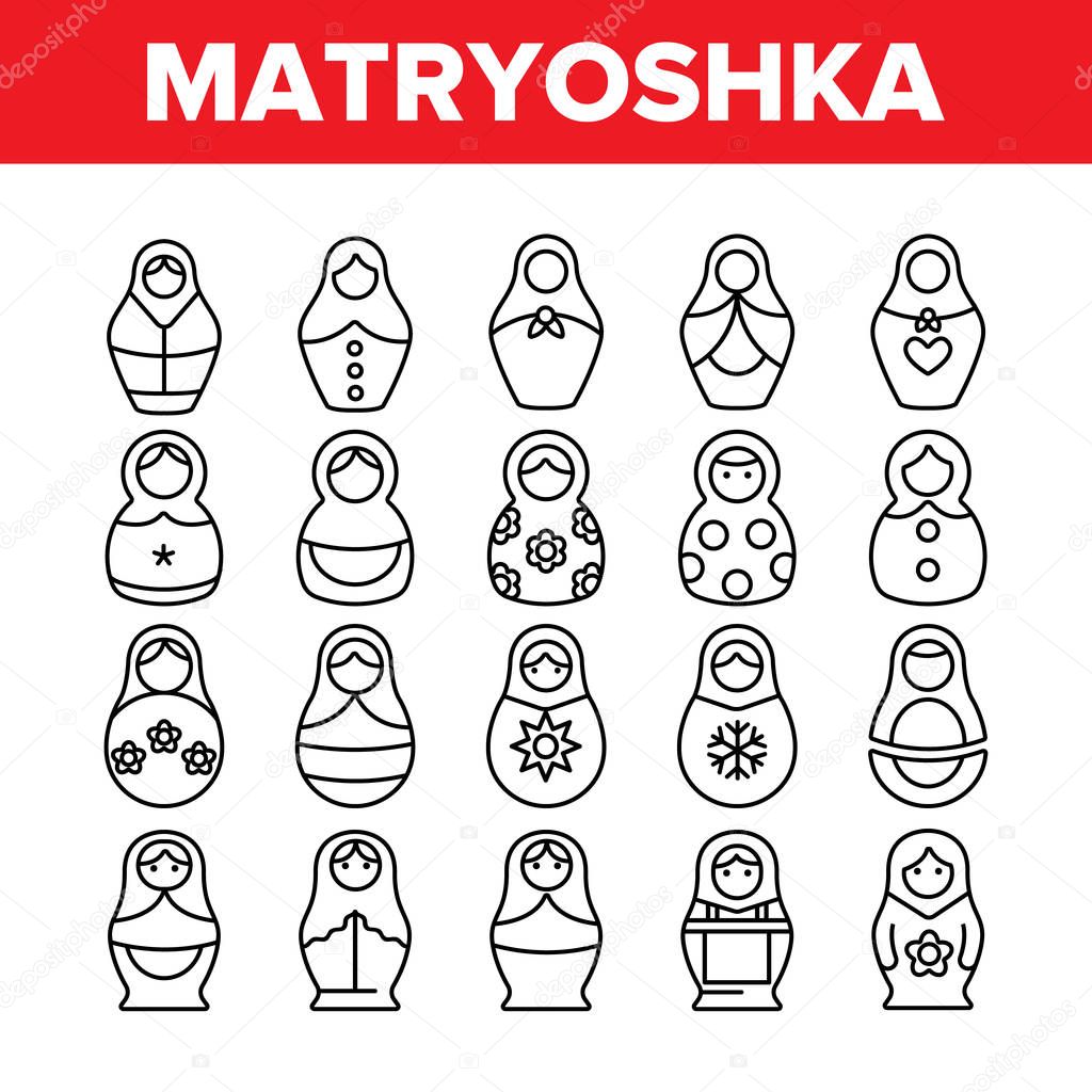 Matryoshka Toy Vector Thin Line Icons Set