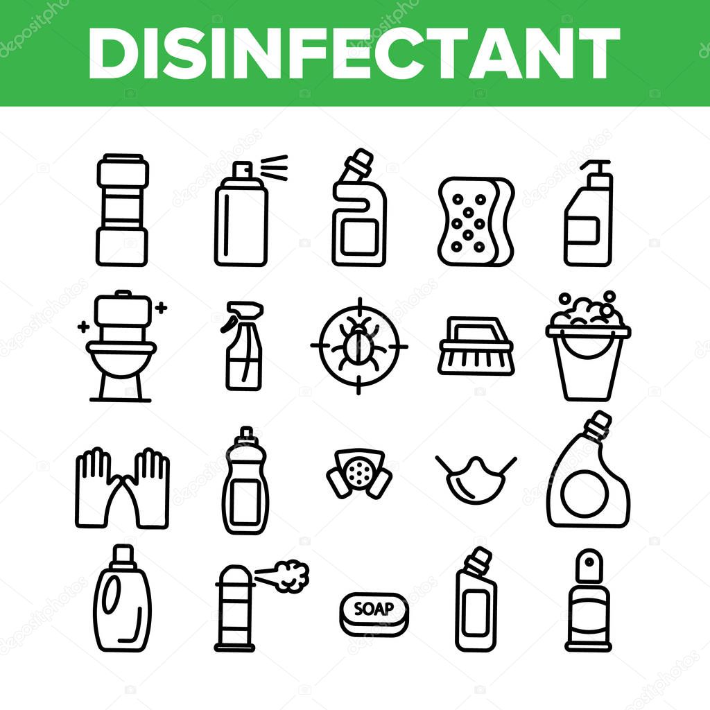 Disinfectant, Antibacterial Substance Vector Thin Line Icons Set