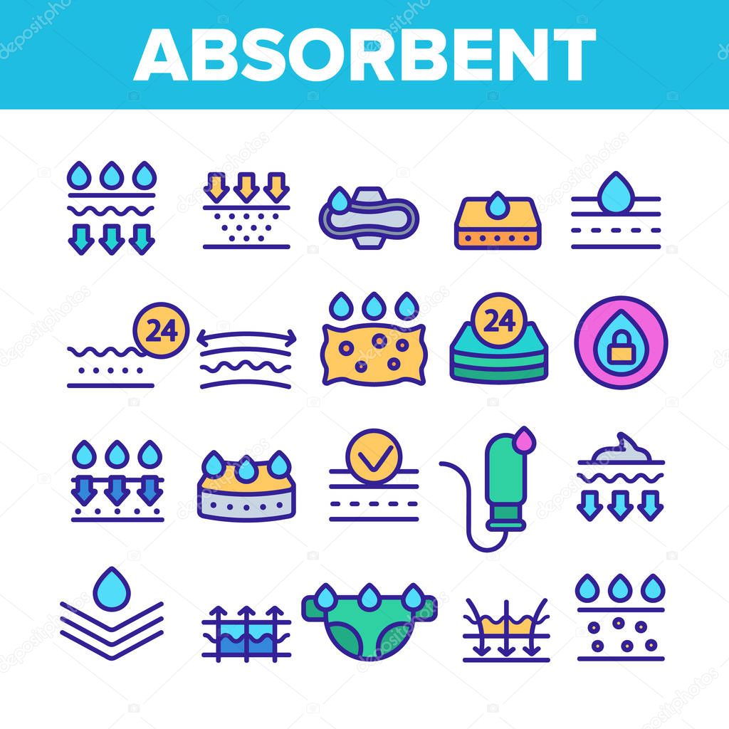 Absorbent, Absorbing Materials Vector Thin Line Icons Set. Absorbents For Moisture Control. Absorbing Breathable Textures For Children, Women Linear Pictograms. Water Drops Contour Illustrations