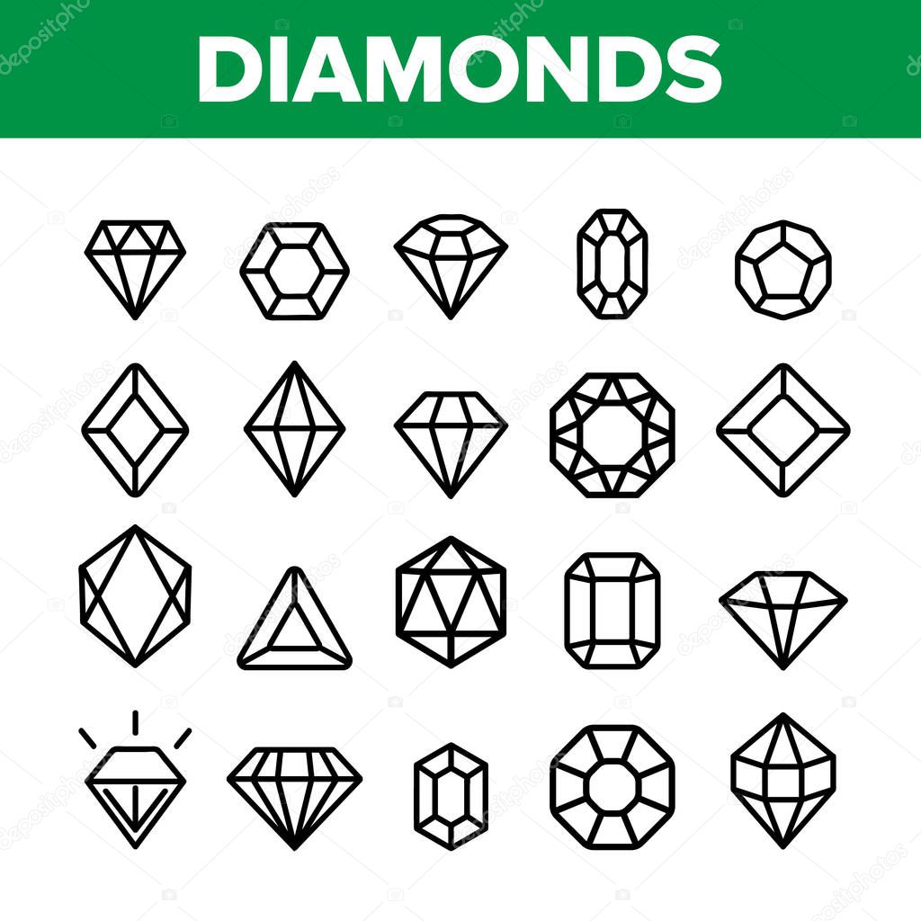 Diamonds, Gems Vector Thin Line Icons Set. Diamonds, Gems Cutting Types Linear Pictograms. Precious Stones, Gemstones Shapes, Jewelry Crystals with Geometric Facets Contour Illustrations