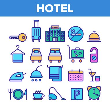 Otel Konaklama, Oda Olanaklar Vektör Lineer Simgeler Seti