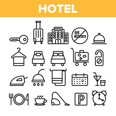 Otel Konaklama, Oda Olanaklar Vektör Lineer Simgeler Seti