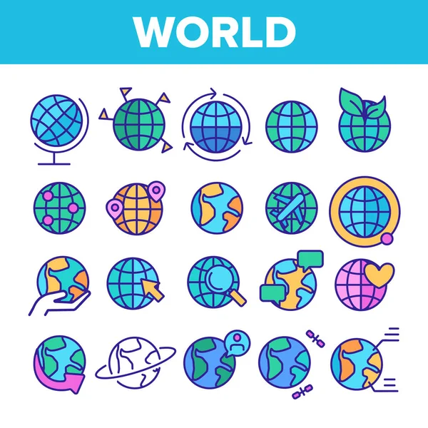 Monde, Globe, planète Terre vecteur linéaire icônes ensemble — Image vectorielle