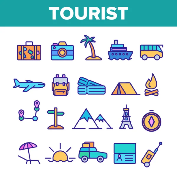 Ensemble d'icônes linéaires vectorielles du tourisme et du voyage autour du monde — Image vectorielle