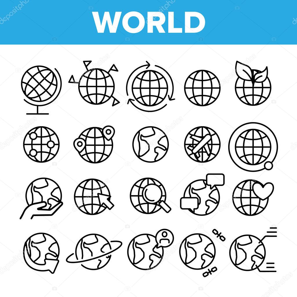 World, Globe, Planet Earth Vector Linear Icons Set