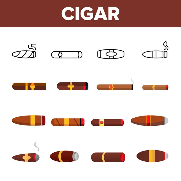 Lit Luxurious Cuban Cigar Vector Icons Set — Stock Vector