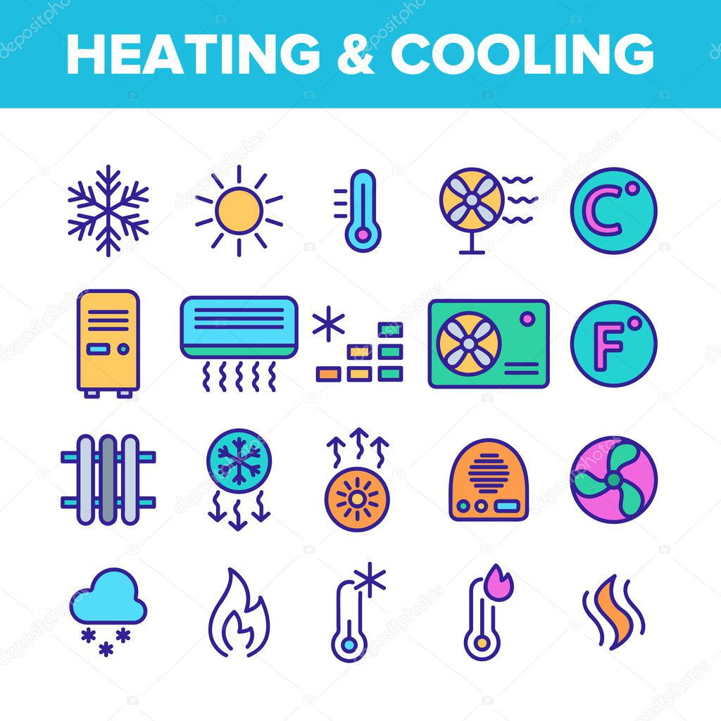 Color Heating And Cooling System Vector Linear Icons Set
