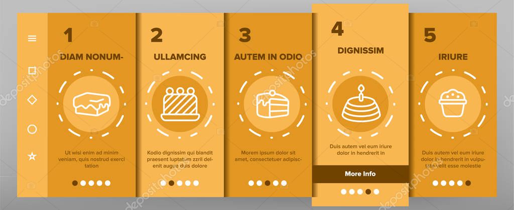 Sweet Cheesecakes, Bakery Vector Onboarding Mobile App Page Screen. Pastry. Birthday Party Cakes, Biscuits, Pies. Dessert Cookies. Confectionery Illustrations
