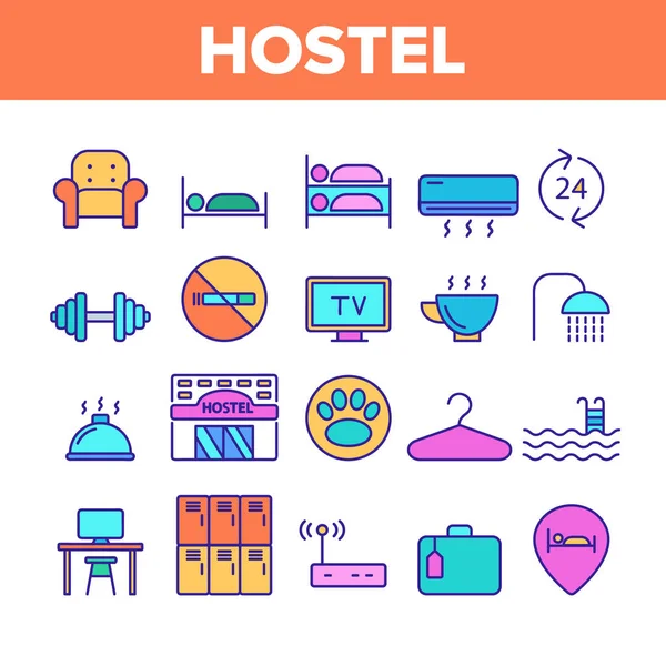 Color Hostel, toeristische accommodatie vector lineaire pictogrammen instellen — Stockvector