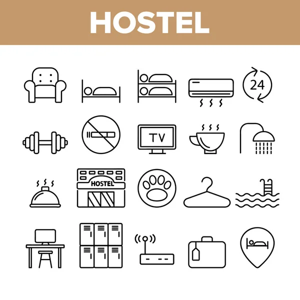 Hostel, toeristische accommodatie vector lineaire pictogrammen instellen — Stockvector