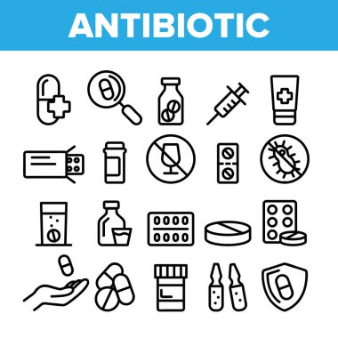 Toplama Antibiyotik İnce Çizgi Simgeler Set Vektör