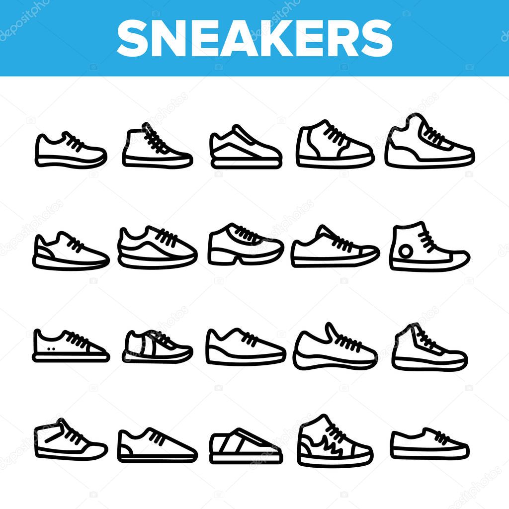 Collection Sneakers Thin Line Icons Set Vector