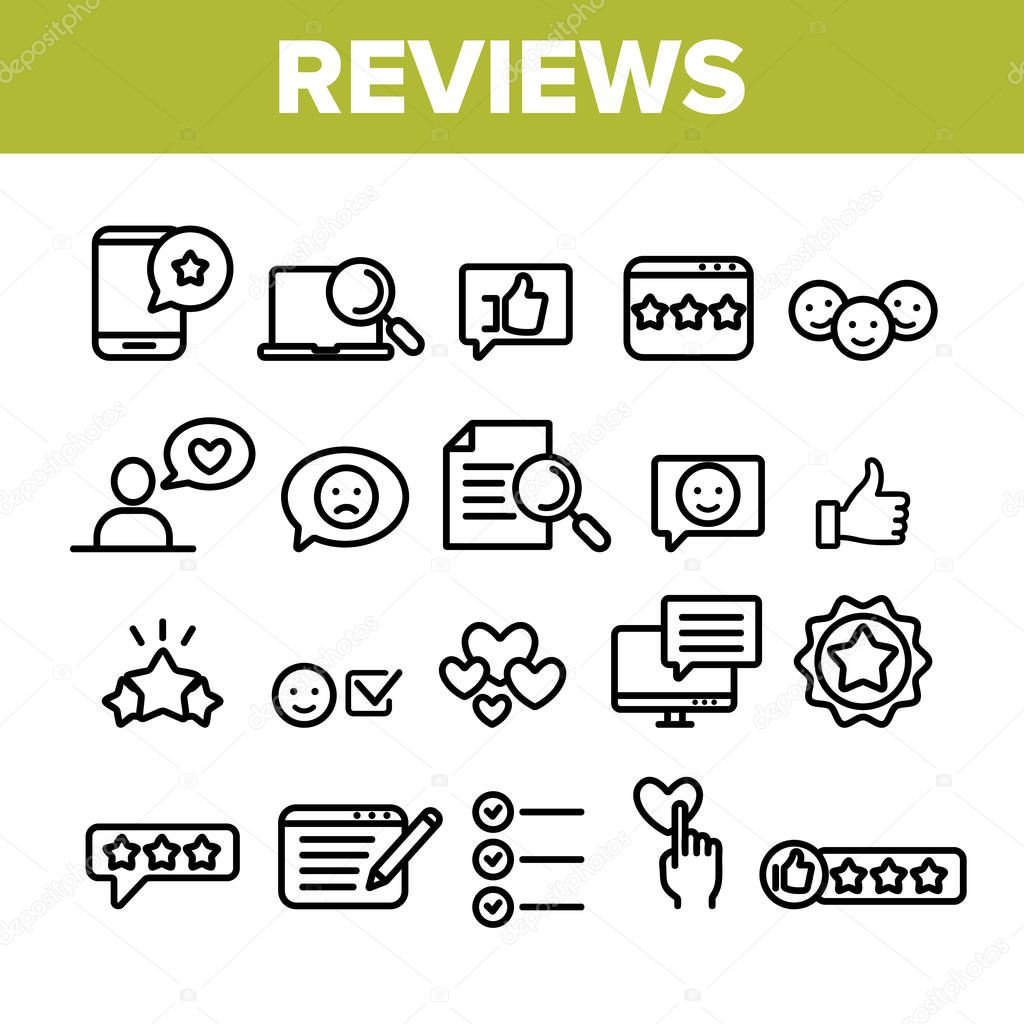 Collection Reviews Thin Line Icons Set Vector. Reviews, Feedback And User Experience Of Client Linear Pictograms. Loyalty And Testimonials From Customer Dumptruck Monochrome Contour Illustrations