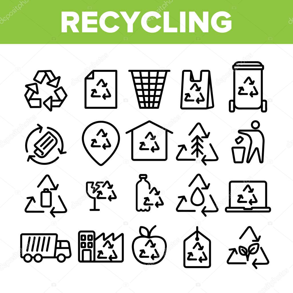 Collection Recycling Thin Line Icons Set Vector. Recycling Sign On Location GPS Mark And File, Waste Basket And Laptop Monitor Linear Pictograms. Dumptruck Monochrome Contour Illustrations