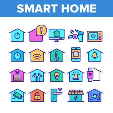 Renkli Akıllı Ev İnce Çizgi Simgeler Seti Vektör