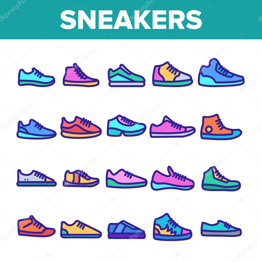 Color Sneakers Thin Line Icons Set Vector