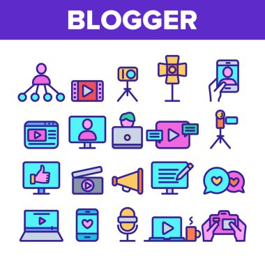Renkli Blogger İnce Çizgi Simgeleri Vektör Seti