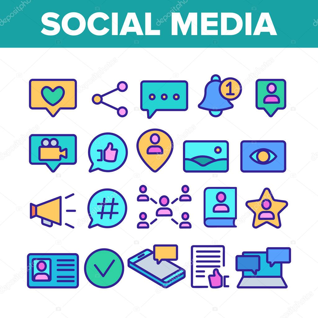 Color Social Media Elements Icons Set Vector Thin Line. Internet Social Chat And Message In Smartphone, Web Site Details Like And Bell Mark Linear Pictograms. Illustrations