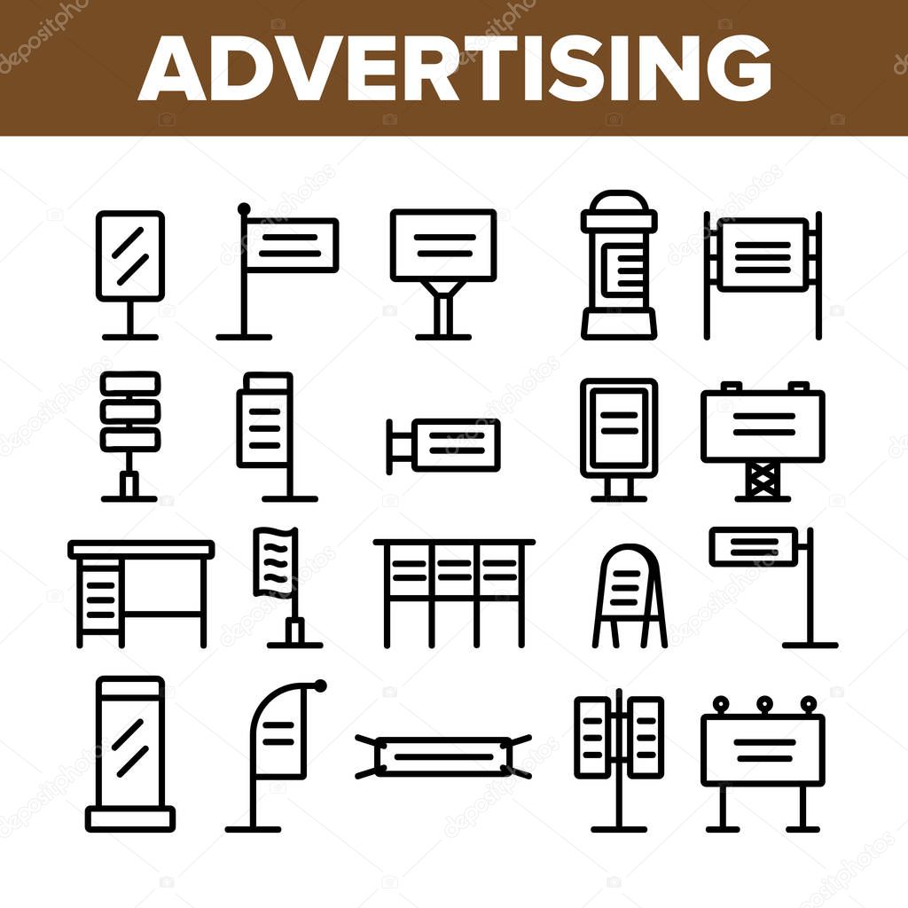 Collection Outdoor Advertising Icons Set Vector Thin Line. Commercial Business Advertising Information On Banner And Bus Stop, Poster And Billboard Linear Pictograms. Monochrome Contour Illustrations