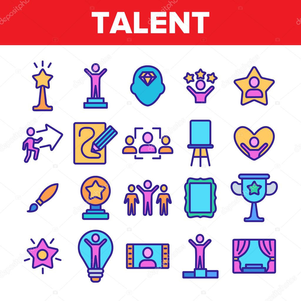 Color Different Human Talent Icons Set Vector Thin Line. Man Silhouette On Tribune And In Lamp Bulb, With Stars And Arrow, Pencil Draw Picture Linear Pictograms. Illustrations