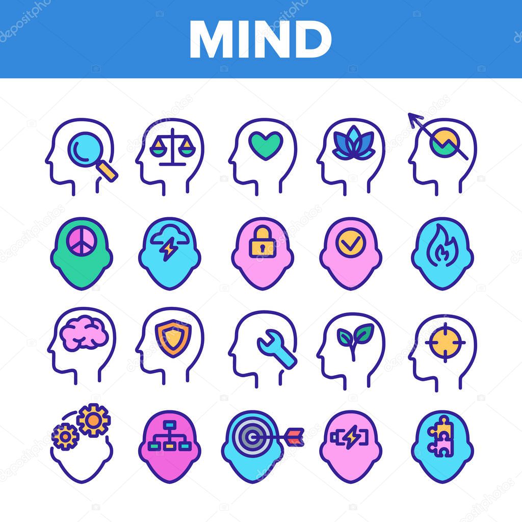 Color Mind Elements Vector Sign Icons Set. Padlock And Fire, Plant Leaves And Shield, Puzzle And Battery, Heart And Mind In Man Head Silhouette Linear Pictograms. Illustrations