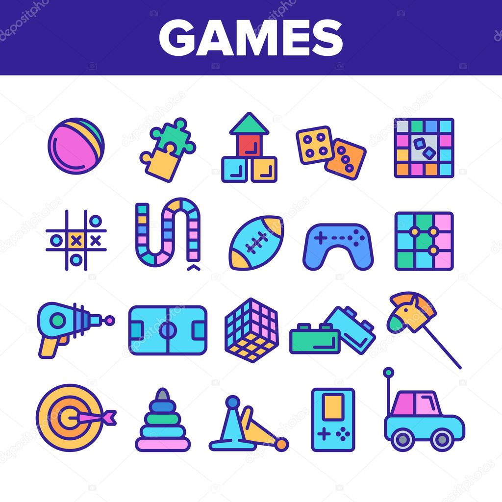 Color Kids Games Vector Thin Line Icons Set