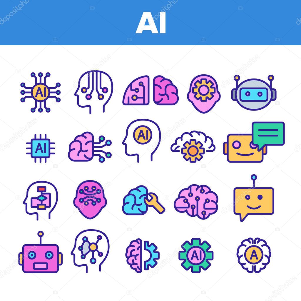 Color Artificial Intelligence Elements Vector Icons Set Thin Line. Brain And Droid Robot, Chip And Processor Of Ai Artificial Intelligence Details Linear Pictograms. Illustrations