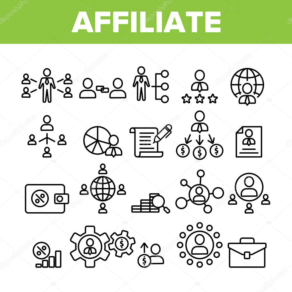 Collection Affiliate Elements Vector Icons Set Thin Line. Affiliate Marketing And Business, Management And Finance, Strategy And Planning Concept Linear Pictograms. Monochrome Contour Illustrations