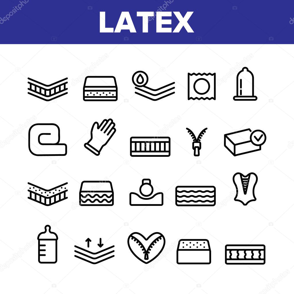 Collection Latex Material Items Vector Icons Set Thin Line. Matress And Washable Cover, Breathable And Memory Foam, Bedding And Pad Concept Linear Pictograms. Monochrome Contour Illustrations