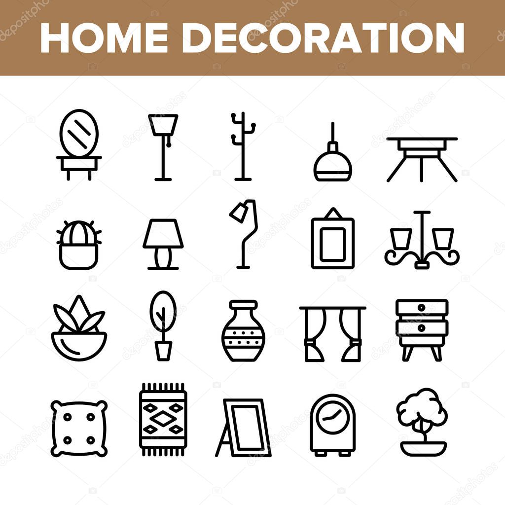 Collection Home Decoration Items Vector Icons Set Thin Line. Chandelier And Lamp Lighting Equipment House Decoration Concept Linear Pictograms. Furniture And Mirror Monochrome Contour Illustrations