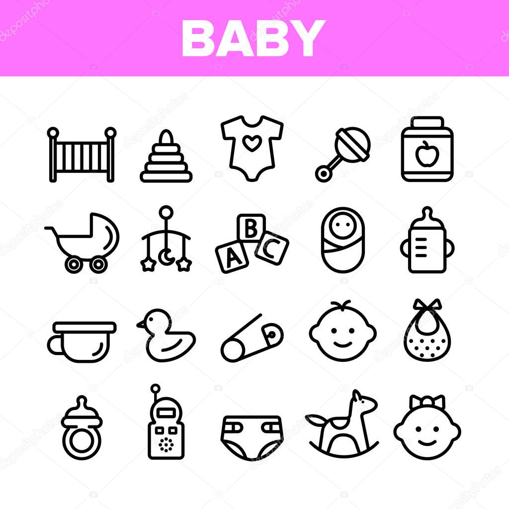 Collection Baby Toys And Elements Vector Icons Set Thin Line. Character Male And Female Baby Infant, Pacifier And Carriage Concept Linear Pictograms. Monochrome Contour Illustrations