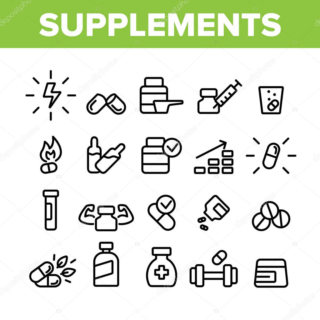 Supplements Collection Elements Icons Set Vector Thin Line. Sportsman Plastic Container With Protein, Vitamin, Full Stack Bio Supplements Concept Linear Pictograms. Monochrome Contour Illustrations
