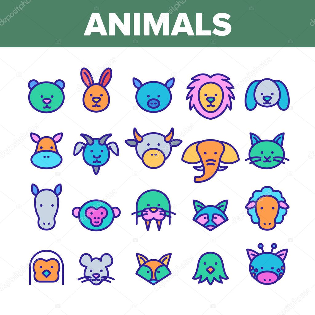 Animals Collection Wild And Farm Icons Set Vector Thin Line. Bear And Rabbit, Pig And Cow, Elephant And Lion, Monkey And Horse Animals Concept Linear Pictograms. Color Contour Illustrations