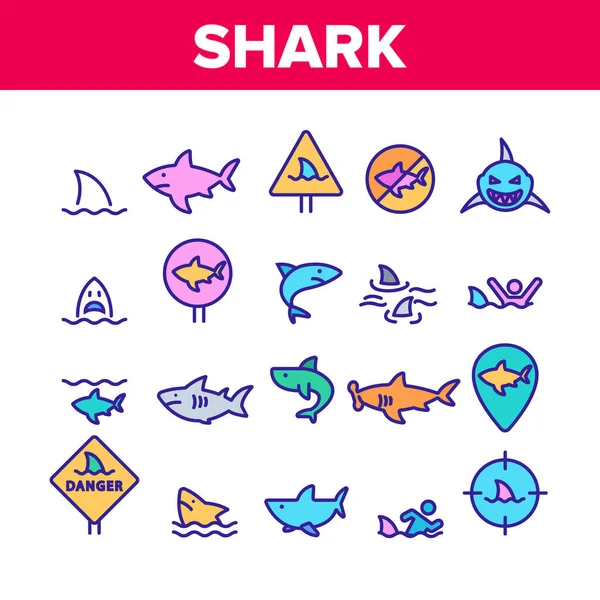 Shark Fish Color Elements Ikoner uppsättning vektor — Stock vektor